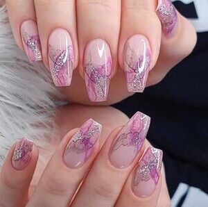 Coffin Press On Nails Purple Pink Marble Glitter Medium Acrylic Set